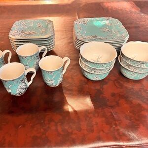 222 Fifth Aqua and White Floral Bird 22 piece Dinnerware Collection